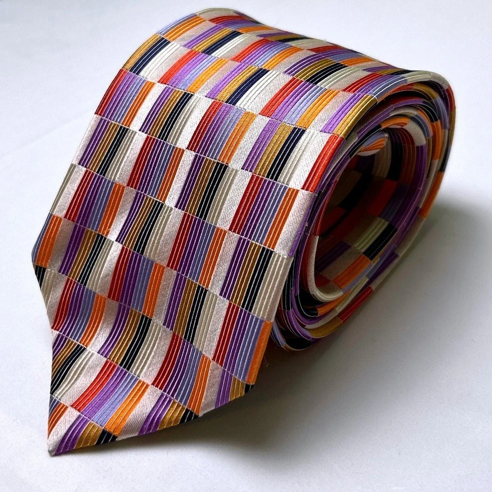 Dona Vinci Mens Geometric Patchwork Silk Hand Made Necktie OS Multicolor NEW